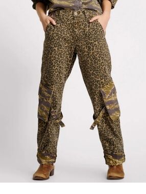 One Teaspoon Leopard Print Cargo Pants in Olive Brown